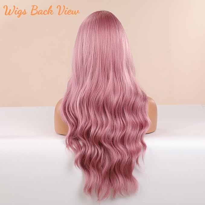 Honygebia Light Pink Wig Bangs - Baby Pink Wigs for Women Long Wavy Coral Pink Heat Resistant Hair Natural Looking Bright Synthetic - Best Wigs for Halloween/Christmas/Cosplay/Party