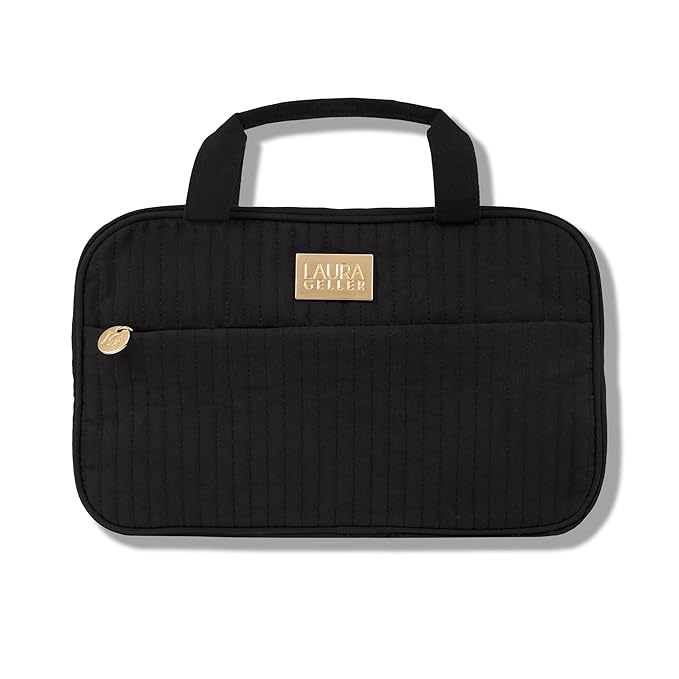 LAURA GELLER NEW YORK Quilted Folding Travel Makeup Bag Black - Hanging Toiletry Bag Organizer for Travel - Large Capacity Full Size Makeup Bag - Easy to Clean