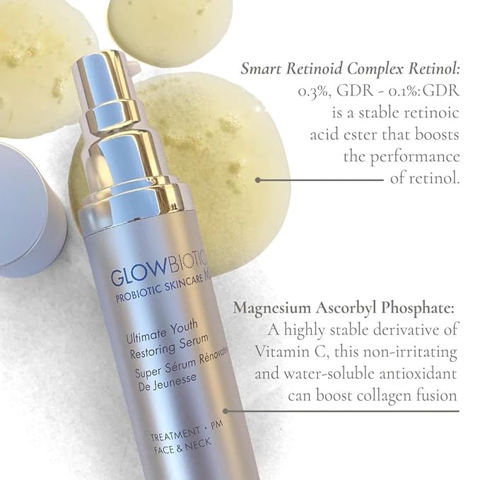 Glowbiotics Ultimate Youth Restoring Serum with Retinol Probiotics Vitamin C &amp Peptides ? 5?in?1 Firming Brightening Anti?Aging Treatment for Face