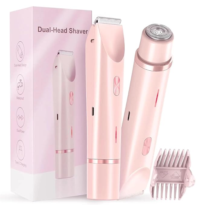 2-in-1 Dual Head Bikini Hair Trimmer &amp Electric Shaver For Women Waterproof Wet/Dry Use With Detachable Heads ? Painless Grooming(Pink)
