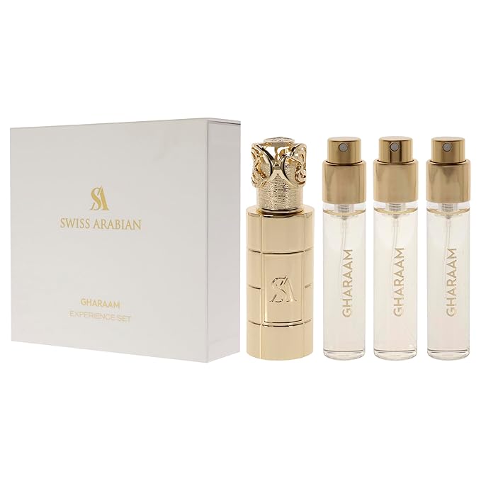 Swiss Arabian Gharaam for Unisex - 4 Pc Mini Gift Set 3 x 10ml Perfume Spray 1 Metal Case