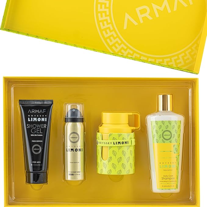 Armaf Odyssey Limoni Fresh Edition ? Citrus Marine Amber ? 4-Piece Gift Set for Unisex (3.4 oz Eau de Parfum + 3.4 oz Shower Gel + 1.7 oz Body Spray + 8.4 oz Shampoo)