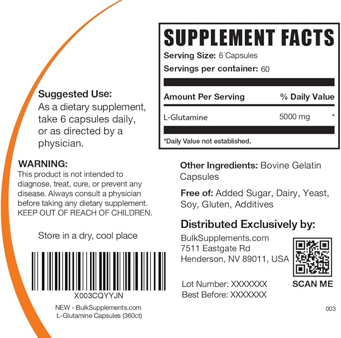 BulkSupplements.com L-Glutamine Capsules - Glutamine Supplement Amino Acid Supplement - Gluten Free 6 Capsules per Serving (5000mg) 360 Count (Pack of 1)