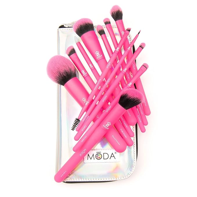 MODA Totally Electric Neon Full Face Makeup Brush Kit ? 13pc Vibrant Brush Set for Face &amp Eyes with Zip Case (Neon Pink)