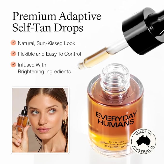 Sun Blush Glowing Self Tanning Drops Australian Made 1.0 fl.oz | Sun-Kissed Natural Face &amp Body Gradual Self Tanner with Peptides | Fragrance Free| Everyday Humans