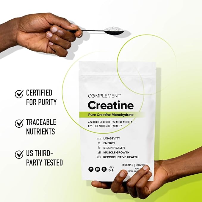 Complement Creatine Monohydrate Micronized Powder for Women and Men (5g 60 Servings) Pre Workout Post Workout Muscle Recovery Brain Health Longevity- Vegan Unflavored