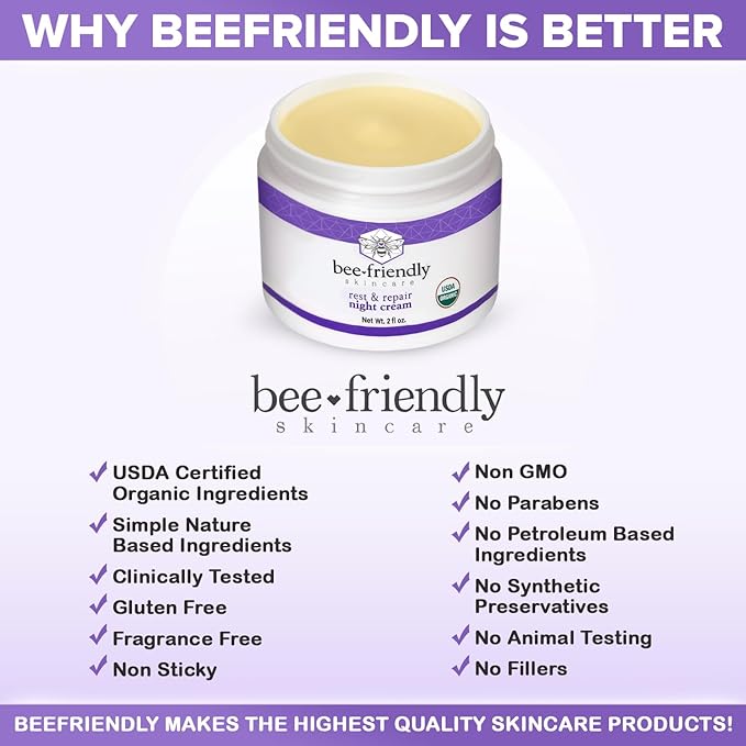 BeeFriendly Organic Night Cream USDA Certified Organic Deep Hydrating &amp Moisturizing Night Time Eye Face Neck &amp Decollete Cream for Women and Men Anti Aging Anti Wrinkle 6 oz - 3 Pack