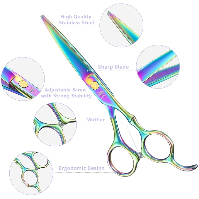PURPLEBIRD Haircutting Scissor Kit Professional Barber Hairdressing Shears Set Thinners for Men Women Pets (10 Pcs Rainbow Stainless Steel)