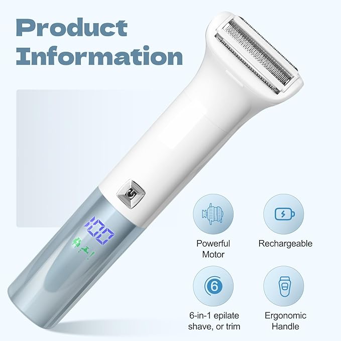 6-in-1 Hair Removal Device Female Hair Removal Device Painless Body Hair Trimmer Suitable for All-Round Hair Removal on The face armpits arms Legs etc. with Display Screen Rechargeable