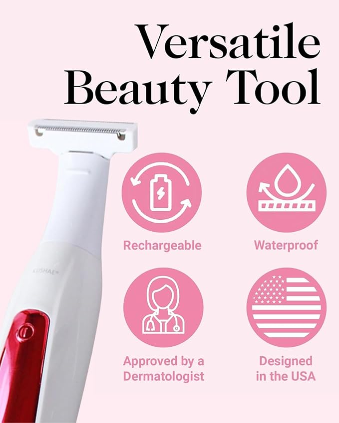 Kushae 3-in-1 Razor Kit for Women - Female Shaving Razor - Eyebrow Trimming Tool - Waterproof Cleansing Device - Rechargeable Hair Removal Trimmer for Legs Bikini Underarms Face &amp Hands