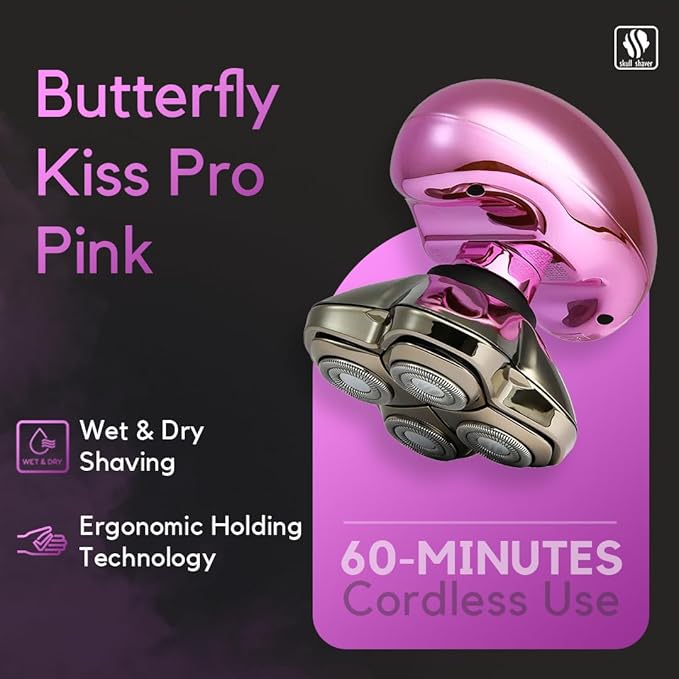 Skull Shaver Butterfly Kiss PRO - Women's Electric Shaver for Bikini Line Legs &amp Body - Wet &amp Dry Use - Ergonomic Hypoallergenic Blades - 60 Minutes Cordless Use - Pink