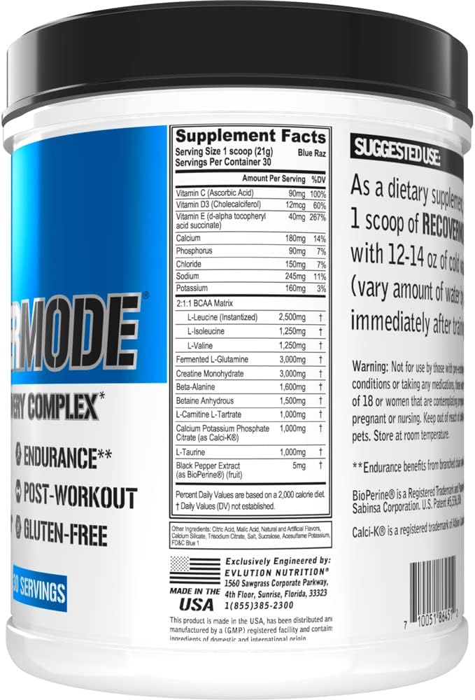 Evlution Nutrition Recover Mode- Complete Post Workout with BCAAs Immunity Support Vitamin C D &amp E Electrolytes Hydration Creatine Glutamine Beta-Alanine L-Carnitine 30 Serve Blue Raz
