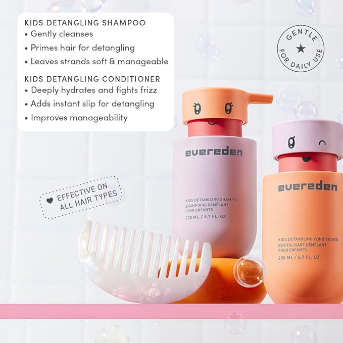 Evereden Happy Hair Duo for Kids: Vegan Shampoo and Conditioner Set with Detangler Brush - Strengthens &amp Smooths All Hair Types