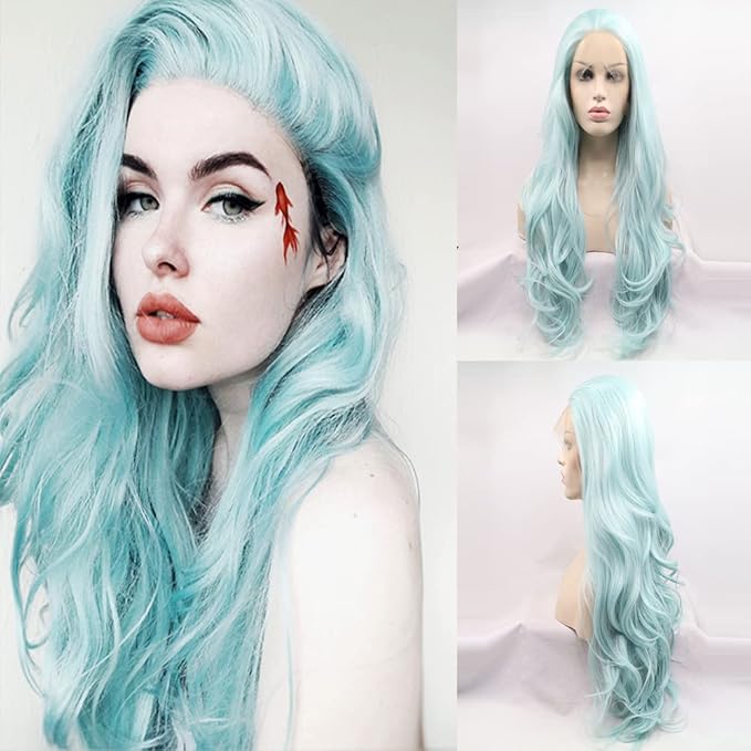 xiweiya Long Mint Green Wigs Long Body Wavy Synthetic Blue Green Lace Front Wig Heat Resistant Fiber Hair Replacement Full Wig For Women 13x3 Lace Wig 24inch