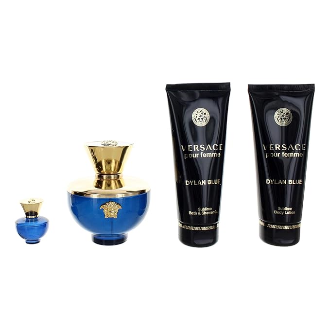 Versace Dylan Blue 4 Piece Gift Set for Women (3.3 Ounce Eau De Parfum Spray + 3.4 Ounce Body Lotion + 3.4 Ounce Shower Gel + 0.17 Ounce Mini Spray)