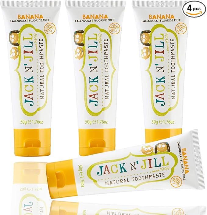 Jack N' Jill Natural Toothpaste for Baby and Infants - Fluoride Free Training Toothpaste 40% Xylitol BPA Free - Banana 1.76 oz (Pack of 4)