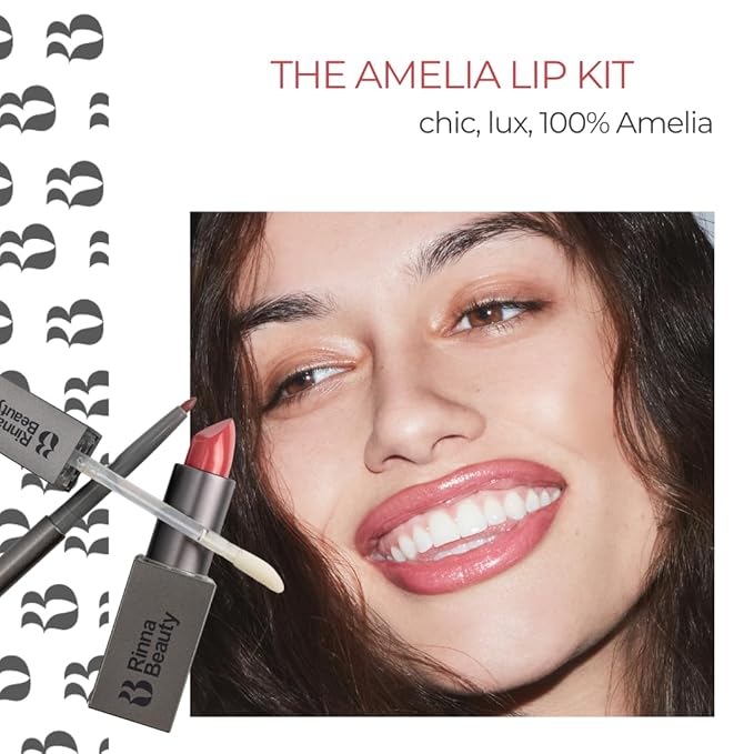 Rinna Beauty Icon Lip Kit - Amelia- All-in-one Lip Kit Includes Lipstick Lip Gloss Lip Liner - SWEET PINK look - Vegan Long-lasting Anti-aging &amp Moisturizing Cruelty-Free - 1 each