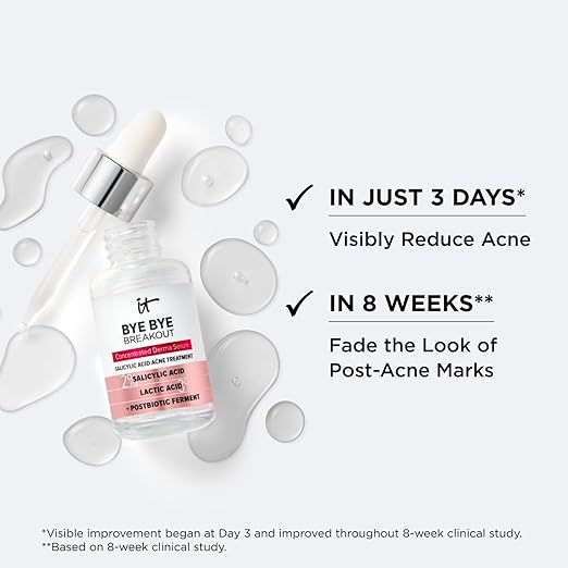 IT Cosmetics Bye Bye Breakout Acne Treatment Face Serum -With 2% Salicylic Acid &amp 3% Lactic Acid - Helps Reduce Pimples in 3 Days &amp Fades Look of Post-Acne Marks in 8 Weeks - 1 Fl. Oz
