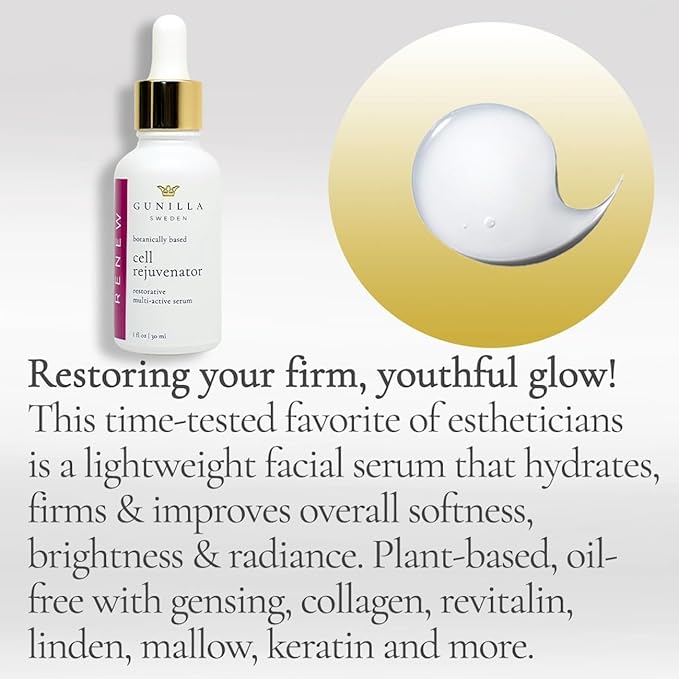 GUNILLA Cell Rejuvenator Serum | Anti-Aging Anti Wrinkle Hydrating Facial Serum for Fine Lines Dark Spots with Organic Aloe Vera Collagen Elastin Keratin Vitamin C Ginseng | 1 oz