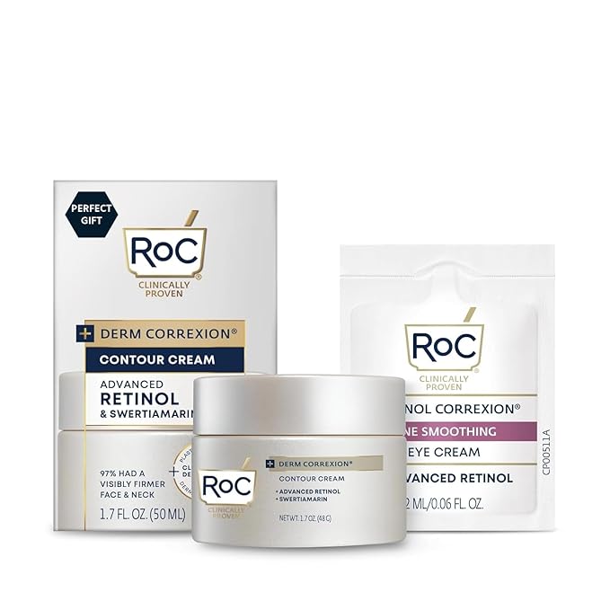 RoC Derm Correxion Neck Cream with Hyaluronic Acid + Advanced Retinol to visibly Tighten &amp Lift Horizontal Neck Lines Facial Moisturizer to Contour Face (1.7 oz) with RoC Retinol Eye Packette