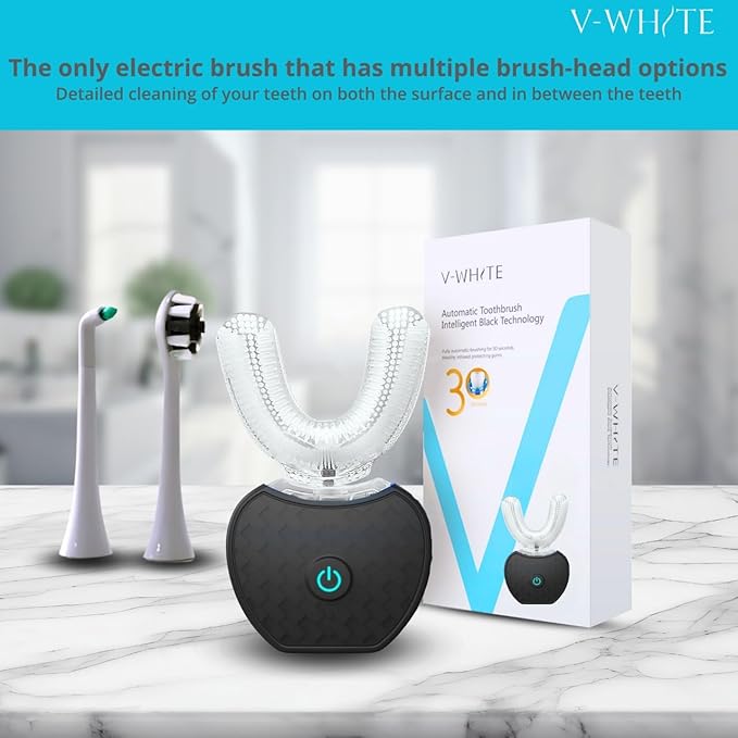 V-WHITE Ultrasonic U-Shaped Toothbrush for Teeth Whitening Electric Toothbrush For Adults - 360° Mouth Cleansing Hands Free Gums Protection - Wireless Charging &amp LED Light -Waterproof IPX7 Certi