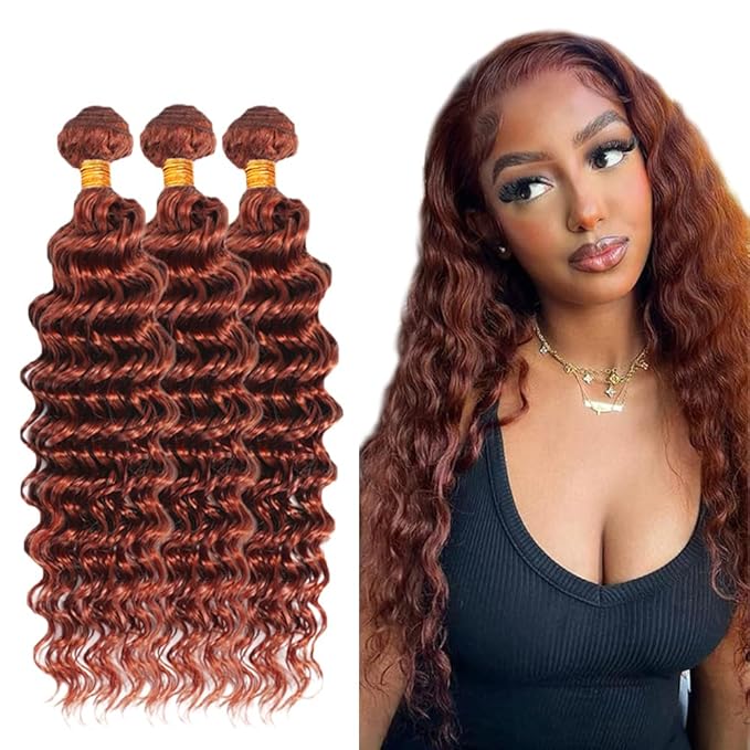 Color #33 Reddish Brown Bundles Human Hair Deep Wave 3 Bundles 14 14 14 Inch Unprocessed Brazilian Virgin Remy Copper Red Deep Curly Bundle Human Hair Extensions