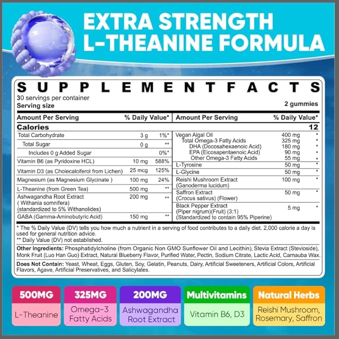 L Theanine Calm Gummies 500mg Sugar-Free Liposomal L-Theanine Supplement w/Safforn Magnesium Glycinate GABA Ashwagandha Algae Omega-3 Vitamin D3 B12 for Brain Calm Relax Mood Zzz 120Cts