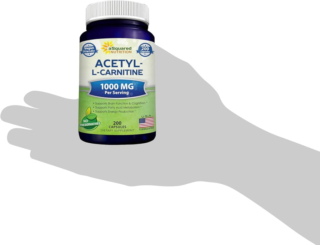aSquared Nutrition Acetyl L-Carnitine 1000mg Max Strength - 200 Veggie Capsules - High Dosage Acetyl L Carnitine HCL (ALCAR) Supplement Pills to Support Pure Energy Brain Function &amp Fatty Acid
