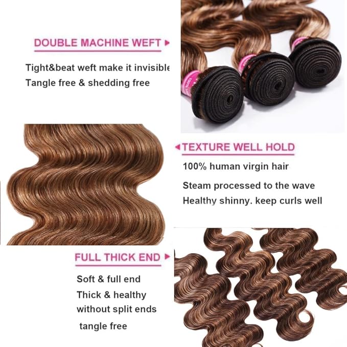 UNICE Body Wave Honey Blonde Highlight Human Hair 3 Bundles with 4x4 lace closure Free Part Ombre 12A Remy Human Hair Weave Extensions 18 20 22+16 Inch Closure
