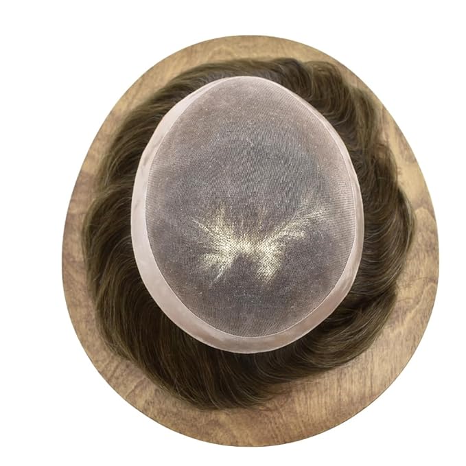 LYRICAL HAIR Toupee for Men Hair System Replacement Monofilament Mens Toupee Hairpiece Durable Poly Coated NPU Around Wig for Men Human Hair Piece Unit 120% Density 6X8 #410 Medium Brown+10% Gray