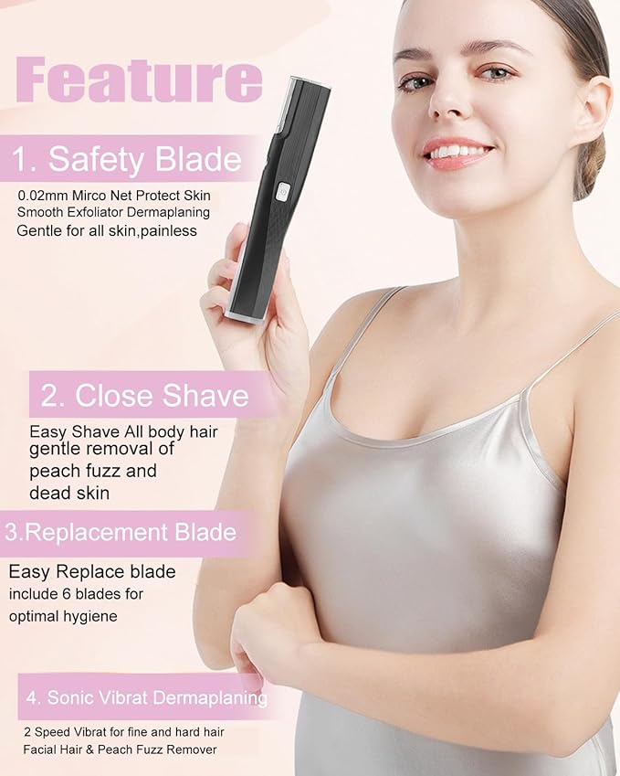 Electric Facial Exfoliator for Women 2 Speed Vibrate Dermaplaning Face Razor for Peach FuzzExfoliation &amp Body Hair Removal with 6 Replace Blades - Safety Micro-Guards (Black)