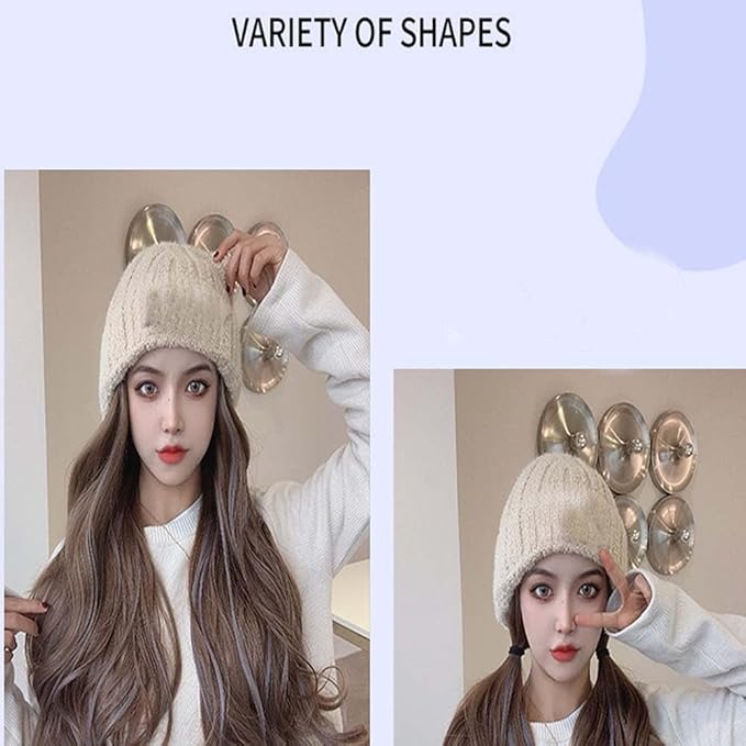 Woman Wig Winter Beanie Hat Wig Extension Long Wavy Curly Wig with Plush Knitted Hat Warm Wig
