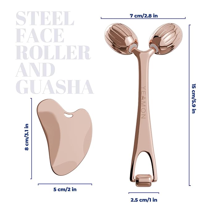 Yeamon Gua Sha Facial Tools and Face Roller Set Facial Massage Tool for Women?™s Skincare RoutineCooling Stainless Steel Face Sculpting Eyes Roller Guasha for Daily Use or Self-Care Gift for Women