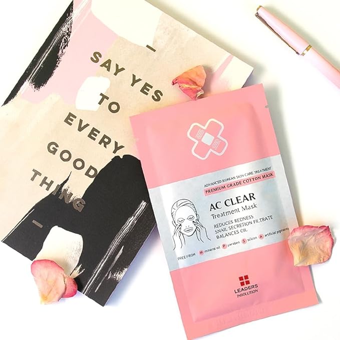 Leaders Insolution AC Clear Skin Clinic Mask | Snail Secretion &amp Tea Tree Oil for Acne Redness Oil Control | 100% Cotton Bemliese Sheet | Balances &amp Soothes Sensitive Skin (5 Sheets)