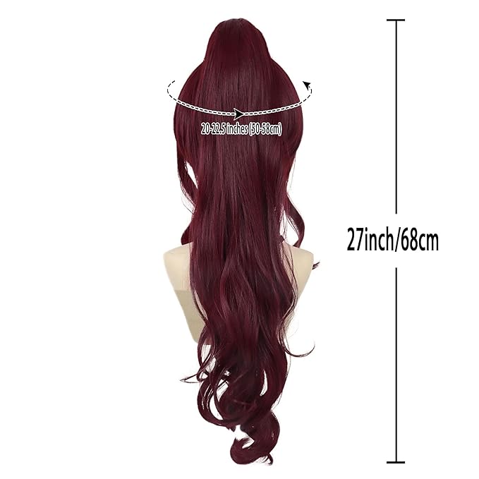 GNIMEGIL Short Wine Red Wigs for Women with 27 inch Long Ponytail in Deep Burgundy Wig with Bangs Trendy Hair Accessory Megara Wigs with Hair Extensions Ponytail Halloween Costume Dark Cherry Red Wig