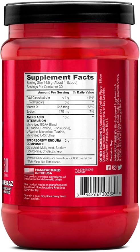 BSN Amino X Muscle Recovery &amp Endurance Powder with BCAAs 10 Grams of Amino Acids Keto Friendly Caffeine-Free Support Endurance Zero Sugar Blue Raz 30 servings 15.34 Ounce (Packaging May V