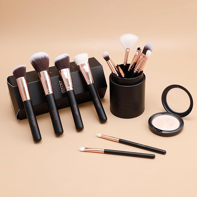 docolor Makeup Brush Set Professional 15 PCS Black Wood Handle Makeup Brushes Premium Cruelty-Free Synthetic Fiber Hair Travel Make up Brushes Set with Case