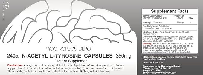 Nootropics Depot N-Acetyl L-Tyrosine Capsules | 350mg | 240 Count | NALT | Amino Acid Supplement | Natural Supplement | Supports Memory Learning Focus Healthy Stress Levels