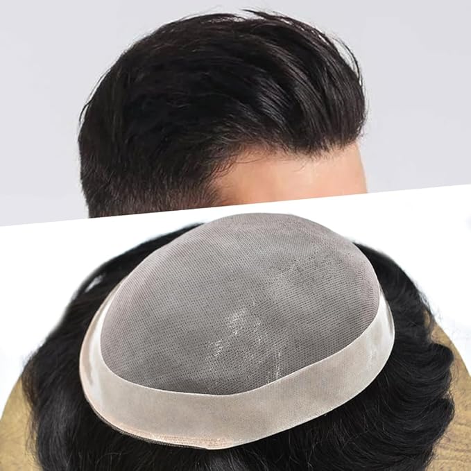 LYRICAL HAIR Toupee for Men Hair System Replacement Monofilament Mens Toupee Hairpiece Durable Poly Coated NPU Around Wig for Men Human Hair Piece Unit 120% Density 8X11 #1B Off Black