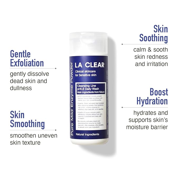 La clear Pure Mild Enzyme Powder Cleanser - Daily Exfoliating Facial Wash for Sensitive/Acne/All Skin Types. Natural Ingredients pH5.8 Phthalate/Fragrance-Free 2.5oz