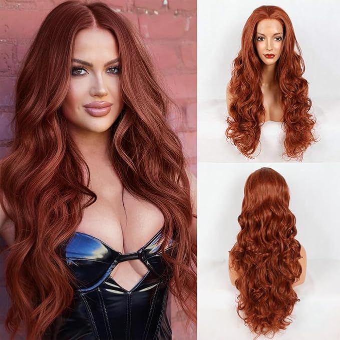 Xiweiya Long Brown Red Wig Long Wavy Free Part Auburn Red 13x3 Lace Front Wigs Natural Hairline Wear and Go Wigs Ginger Hair wig Heat Resistant Wigs 180% Denisty Wig for Women 24inch
