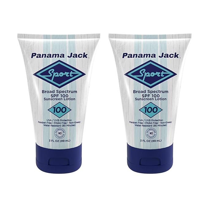 Panama Jack Sport Sunscreen Lotion - SPF 100 Broad Spectrum UVA/UVB Protection Non-Greasy PABA Paraben Gluten &amp Cruelty Free 3 FL OZ (Pack of 2)