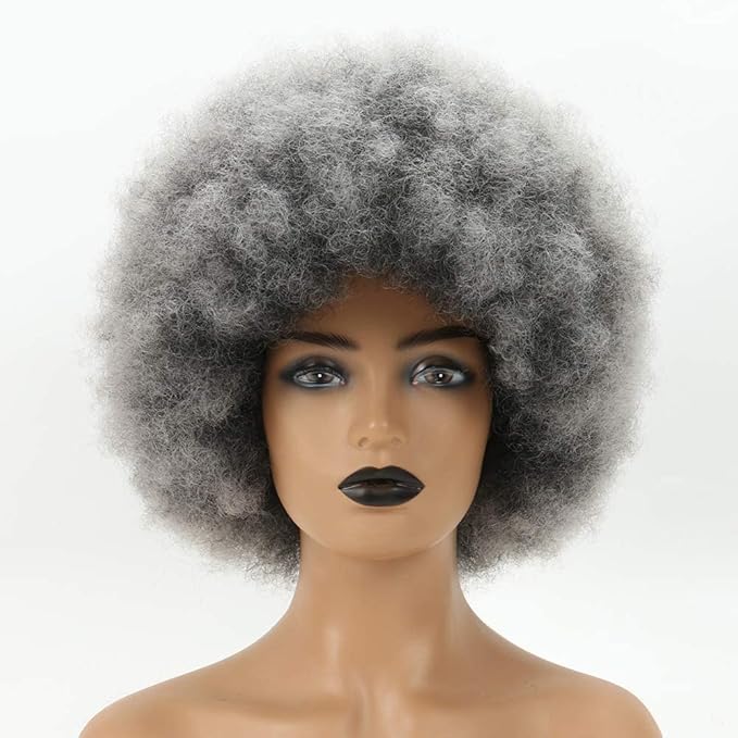 Short Afro Wig for Black Women Smoky Gray Afro Wigs Unisex Men Women Large Bouncy and Soft Natural Looking Hair Short Afro Kinky Curly Premium Synthetic Wig(Gray)