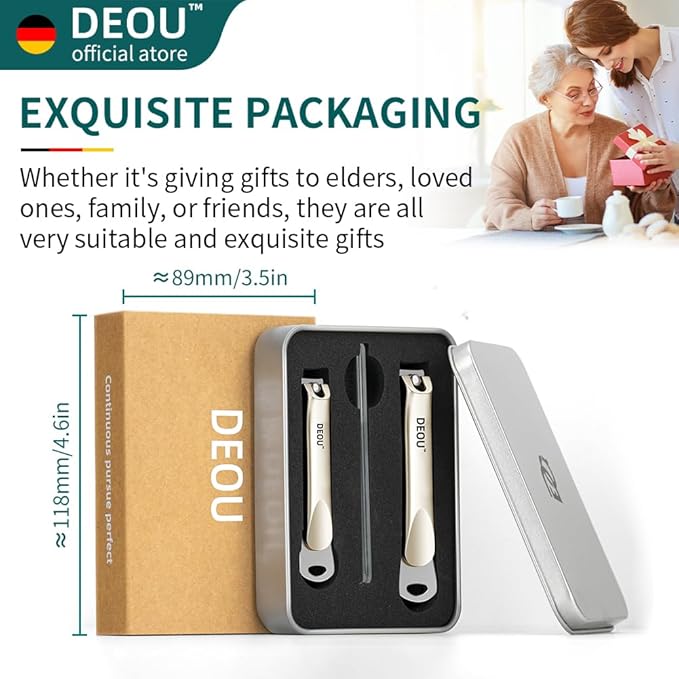 DEOU 3-in-1 Professional Nail Clipper Set - Stainless Steel Large/Medium Flat-Edge Clippers with Built-in Nail File Champagne-Colored Nail Care Tools Exquisitely Gift-Packaged for Home &amp Travel