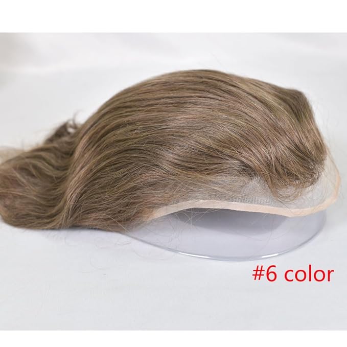Men's Toupee 10×8 European Virgin Human Hair Toupee Hair pieces for Men Thin Skin Hair Replacement System Lace Front+ Mono Net with PU around Base for Men (#6 color)