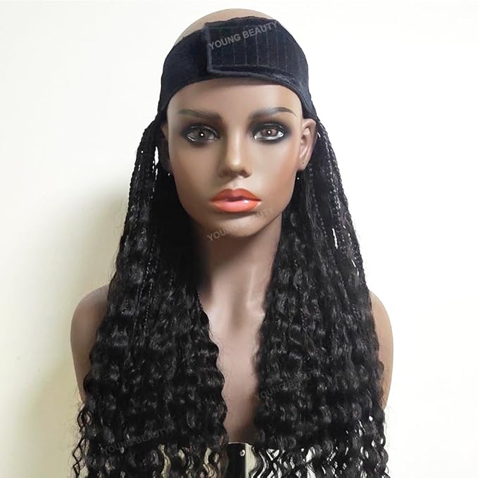 Boho Box Braids Band Wig with Human Hair Curly Ends Grab &amp Go Boho Band Braids Hair Extensions Goddess Boho Briaded Hat Wigs without Cap 12inch Natural Black