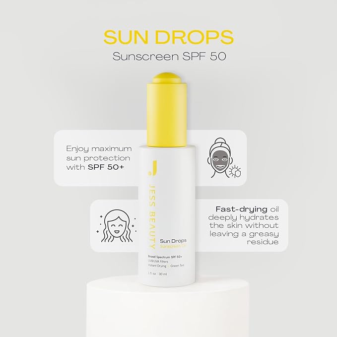 JESS BEAUTY | Face Sunscreen Sun Drops SPF 50 Skin Care Oil with Camellia Sinensis &amp Squalane | Skincare Fast Drying 1 fl. oz