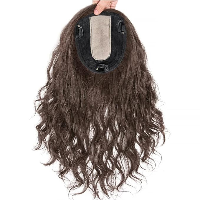 10 Women Natural Wavy Human Hair Toppers Middle Part Silktop 13x14cm Seamless Hairpiece Toupee Simulated Short Curly Clip in Top Hair Pieces Topper Hairpiece for Thinning Hair Brown
