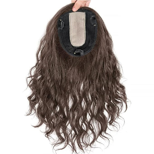 10 Women Natural Wavy Human Hair Toppers Middle Part Silktop 13x14cm Seamless Hairpiece Toupee Simulated Short Curly Clip in Top Hair Pieces Topper Hairpiece for Thinning Hair Brown