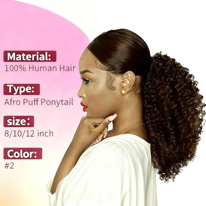 VADES Kinky Curly Human Hair Drawstring Ponytail for Black Women Dark Brown Real Hair Ponytail Extension 12 Inch Afro Puff Ponytail Hair With 3 Stable Combs Color #2 Curly Hair Extension